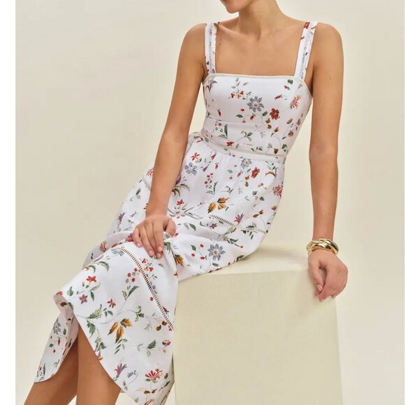 BEST Reformation Everett Linen Midi Dress - Corsini Ivory Floral Wedding Casual - Picture 13 of 14